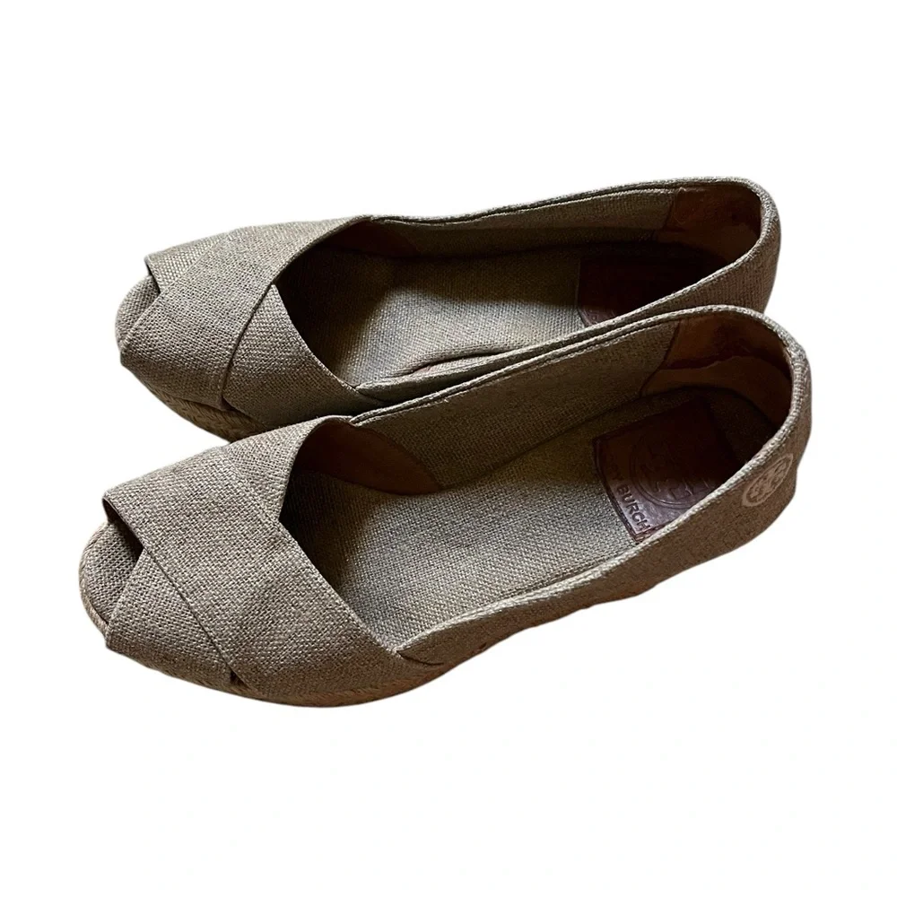 Tory Burch Filipa crisscross Espadrille Wedge Tan‎ Khaki Women's 6.5B Canvas✅